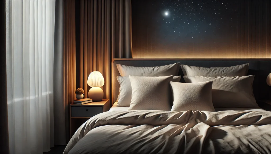 A peaceful nighttime bedroom setup featuring a neatly made bed with soft pillows, a small lamp casting warm ambient light, and blackout curtains slightly open to reveal a serene starry sky. The minimalist decor emphasizes calmness and relaxation, creating an ideal sleep environment.