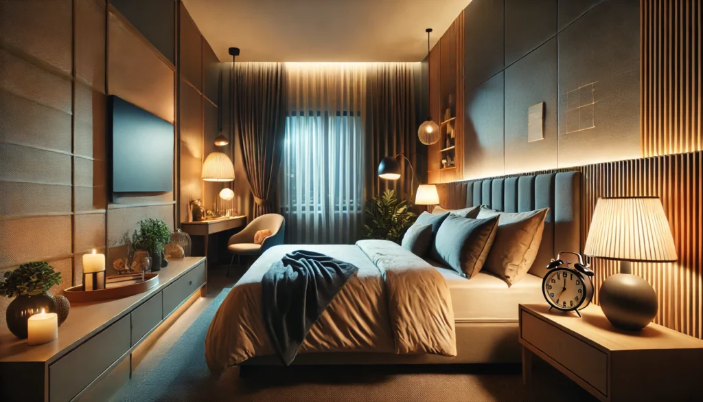 A serene bedroom environment designed for optimal sleep, featuring a cozy bed, dim lighting, blackout curtains, and a peaceful atmosphere promoting deep and restful sleep.

