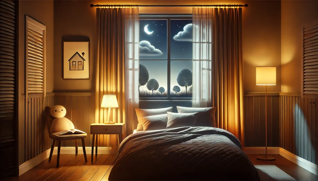 A peaceful bedroom environment at night, showcasing a cozy bed with warm lighting, blackout curtains, and a bedside table holding a lamp and a book. The scene emphasizes an ideal sleep-friendly atmosphere for restful nights.