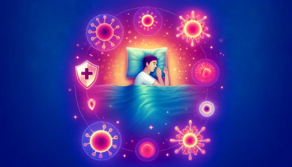 A vibrant illustration of a person sleeping peacefully, surrounded by glowing symbols of immune cells and shields. The calming gradient background, transitioning from soft purple to blue, highlights the critical role of sleep in strengthening the immune system.