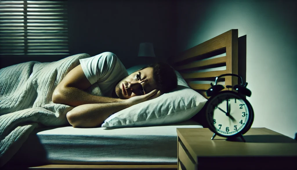 A restless individual lying in bed, staring at the ceiling with an expression of frustration. The dimly lit bedroom and clock on the nightstand indicate late hours, emphasizing the struggle of chronic sleep deprivation.