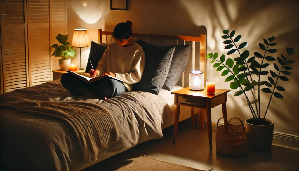 A tranquil bedroom scene with a person journaling in bed under soft, dim lighting. The room features cozy bedding, a bedside table with a glowing lamp, and minimalist decor with plants, fostering a peaceful pre-sleep environment.