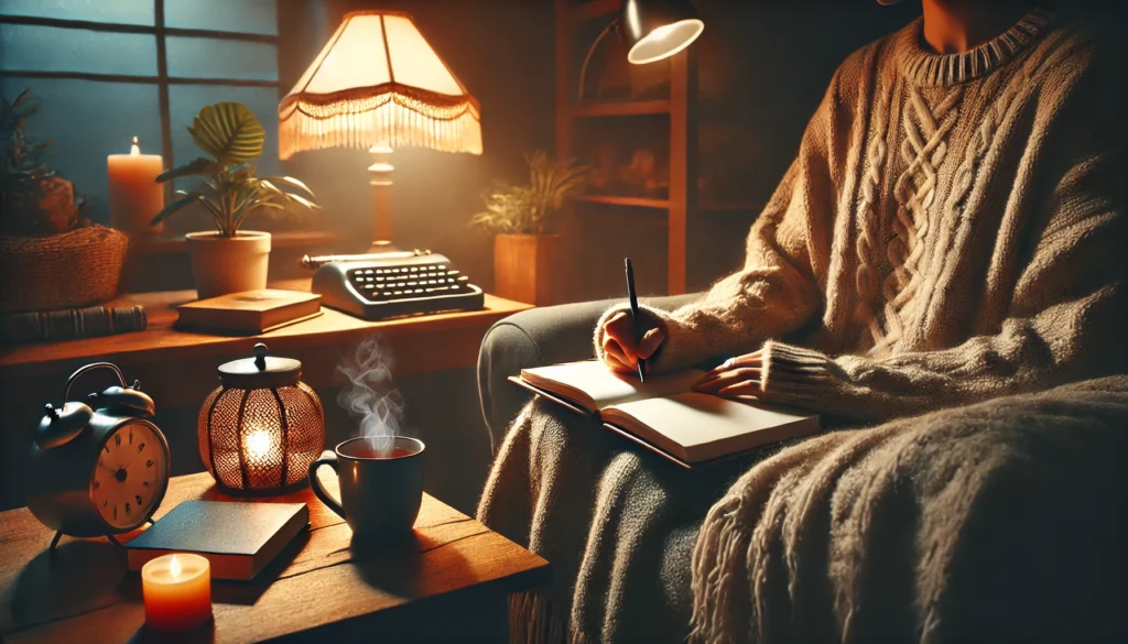 A peaceful scene of a person journaling on a plush chair draped with a soft blanket. A dimly lit lamp illuminates the space, with a steaming cup of tea, books, and a small plant on a nearby table, creating a warm and inviting atmosphere.