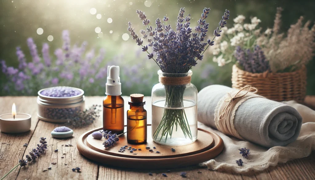 A serene wooden table setup featuring a lavender-infused pillow spray, a bottle of herbal supplements, and a bundle of fresh lavender, with a soft, blurred background evoking calmness and relaxation for bedtime.