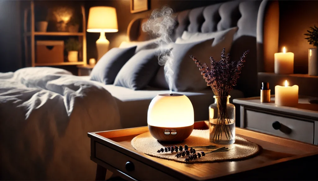 A serene nighttime scene featuring a lavender essential oil diffuser emitting a calming mist on a bedside table, surrounded by fresh lavender sprigs, dim lighting, and a cozy bed, promoting relaxation and better sleep.