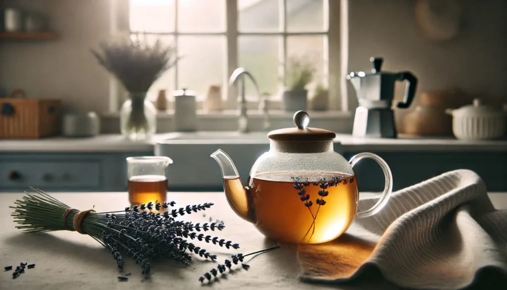 A glass teapot with freshly brewed lavender tea, lavender buds scattered around, and natural light streaming through a softly focused window, creating a minimalistic and calming ambiance.