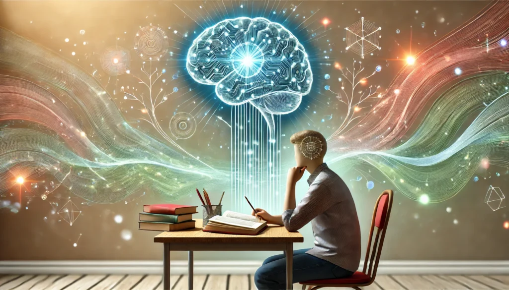 A creative depiction of cognitive learning, showing a person studying with a glowing brain hologram above them. This image represents active reading and deep learning techniques on how to learn text effectively