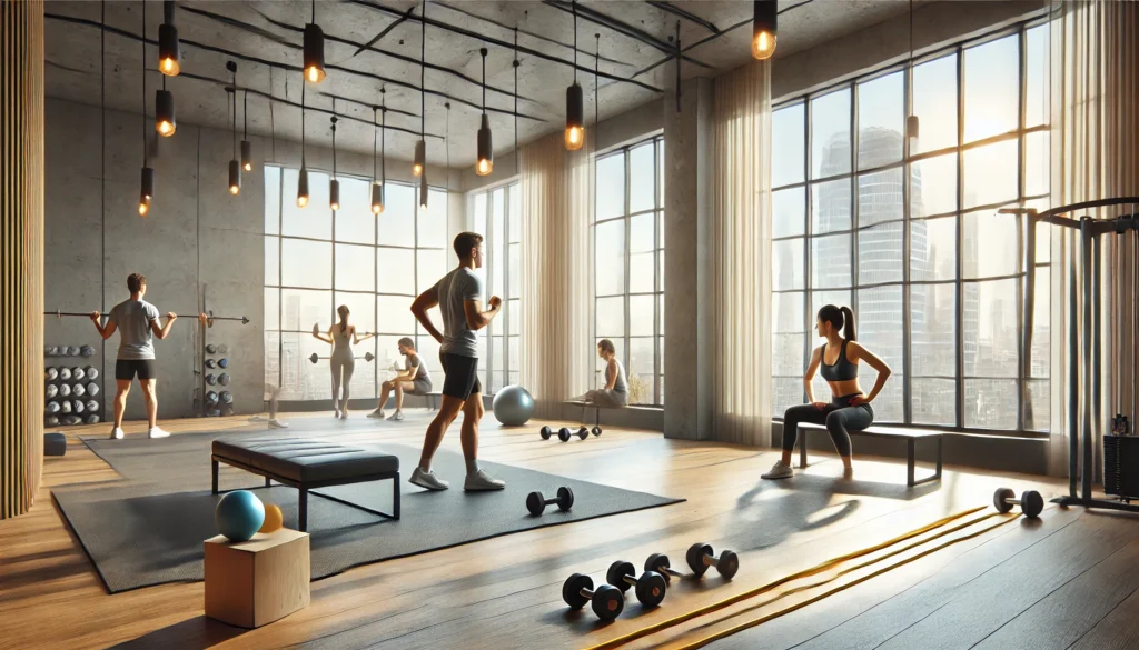 A bright and modern indoor gym with participants engaging in light resistance training using dumbbells and resistance bands. The space features large windows allowing natural light, emphasizing health and fitness for better sleep.