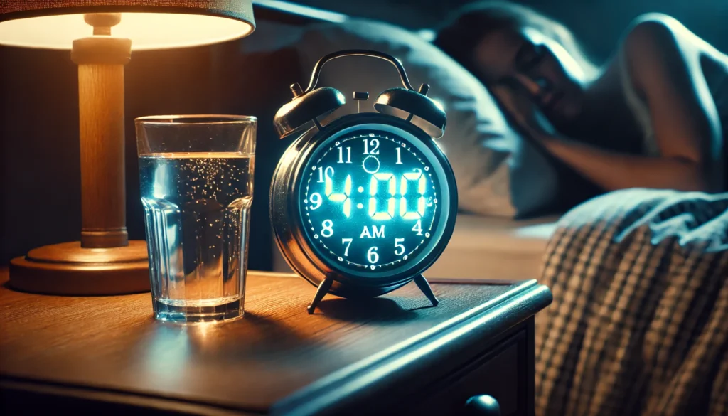 A close-up of an illuminated alarm clock displaying 4:00 AM on a bedside table, accompanied by a glass of water in a dimly lit room, symbolizing the difficulty and challenges of limited sleep.