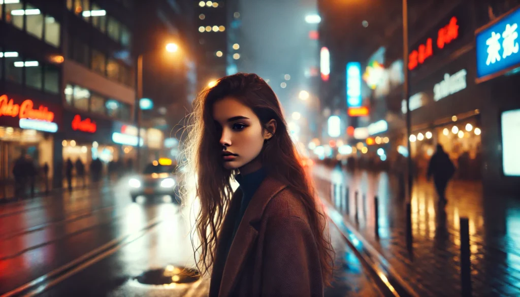 A young woman walking alone on a city street at night, surrounded by blurred lights from passing cars and neon signs. She appears distant and introspective, conveying a sense of emotional isolation. The modern urban setting, with rain-slicked pavement reflecting city lights, enhances the moody atmosphere.