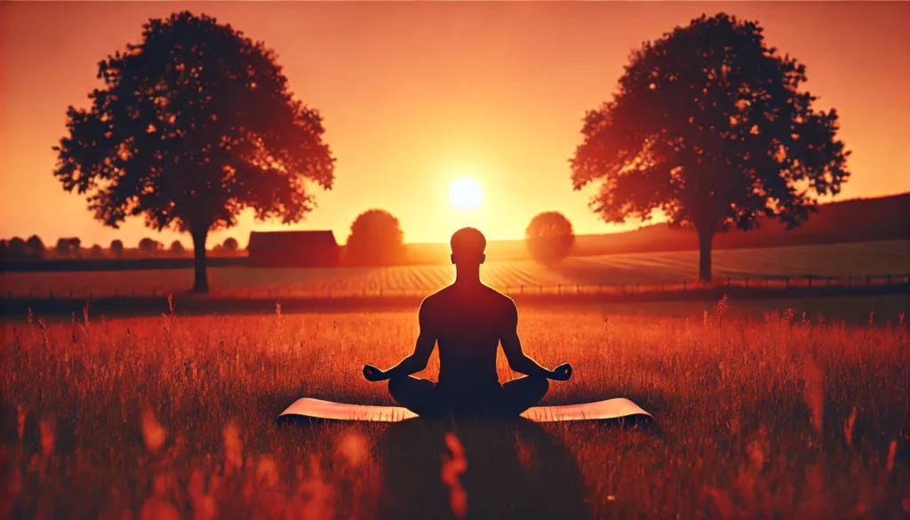 A serene scene of a person meditating cross-legged on a yoga mat in an open field during sunset. The environment is illuminated with warm orange and pink hues, with tree silhouettes in the background, creating a peaceful and calming atmosphere.