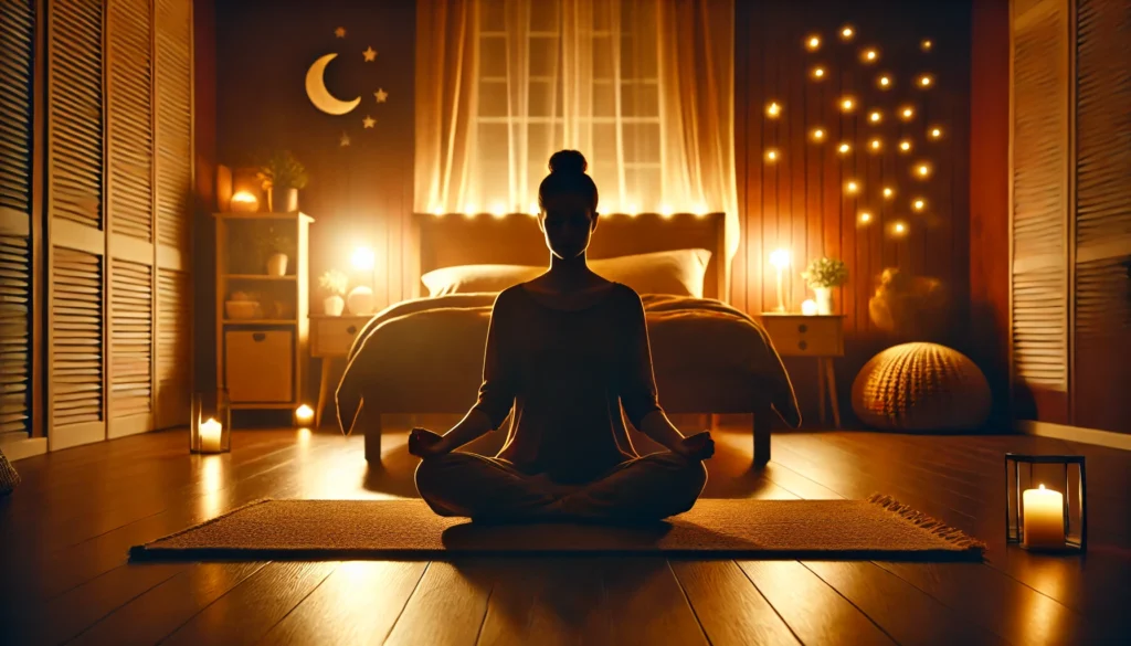 A tranquil nighttime scene of a person meditating before bed in a cozy, dimly lit bedroom, promoting relaxation and a sleep-friendly routine.