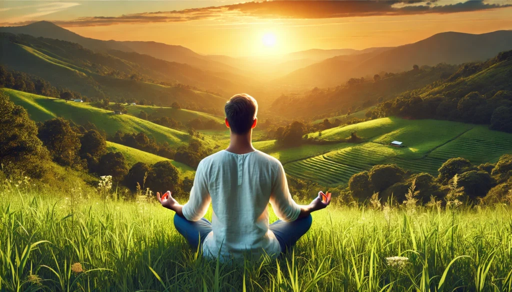 An individual seated in a serene meditation pose amidst a lush green meadow, with distant hills and a glowing sunset in the background. The scene exudes tranquility and a deep connection with nature, ideal for conscious relaxation.