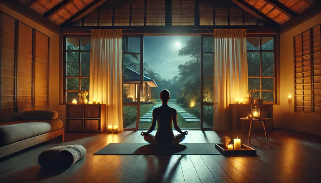 A peaceful room dimly lit by candlelight, showing a person meditating cross-legged on a yoga mat. The space overlooks a serene nighttime garden through a large window. Minimalistic decor includes a small table with essential oils and a cozy blanket, creating a mindful and tranquil atmosphere.