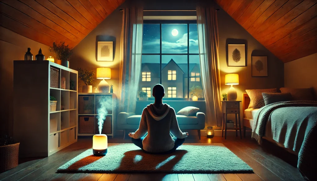 A cozy evening room scene showing a person meditating cross-legged on a soft rug, wearing headphones for relaxation. The dim lighting creates a serene ambiance, complemented by a diffuser releasing mist. A moonlit night is visible through the window, enhancing the tranquil atmosphere.