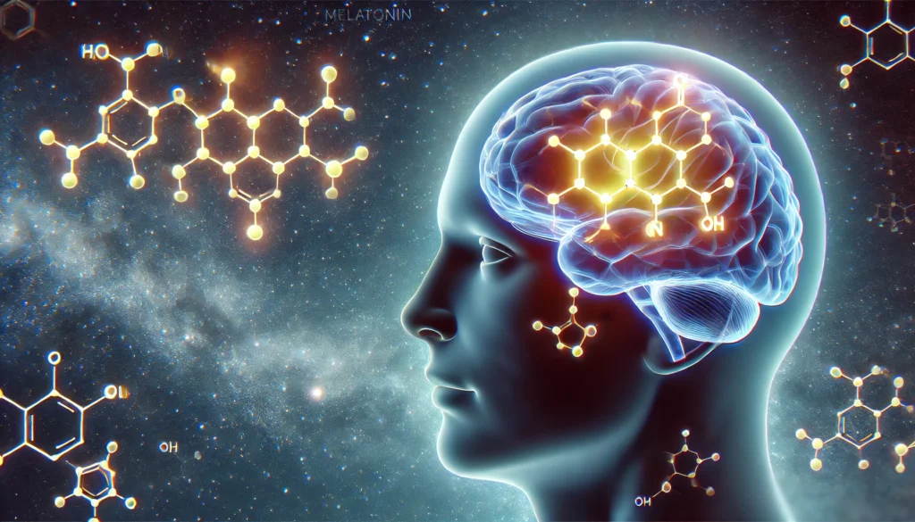 A futuristic visualization of melatonin production in the human body, highlighting a glowing molecular structure of melatonin within the brain, with a starry night sky background symbolizing sleep regulation.