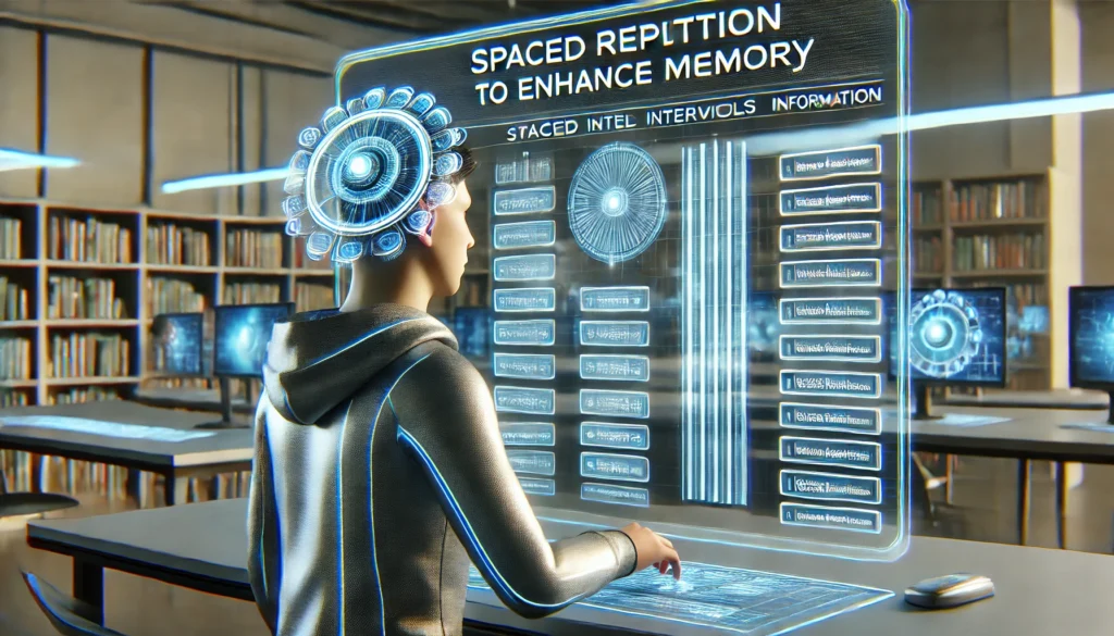 A futuristic depiction of a person using spaced repetition to enhance memory, interacting with a holographic interface displaying spaced intervals of information in a high-tech study environment