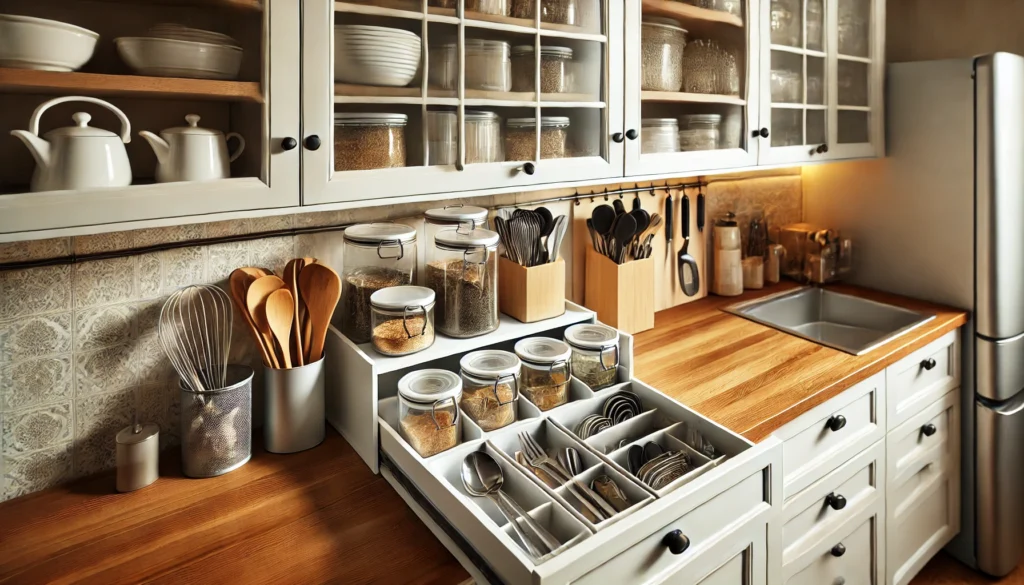 A modern kitchen with neatly organized cabinets and transparent containers for utensils and ingredients. A basket on the countertop provides a designated spot for frequently misplaced items like keys or glasses.