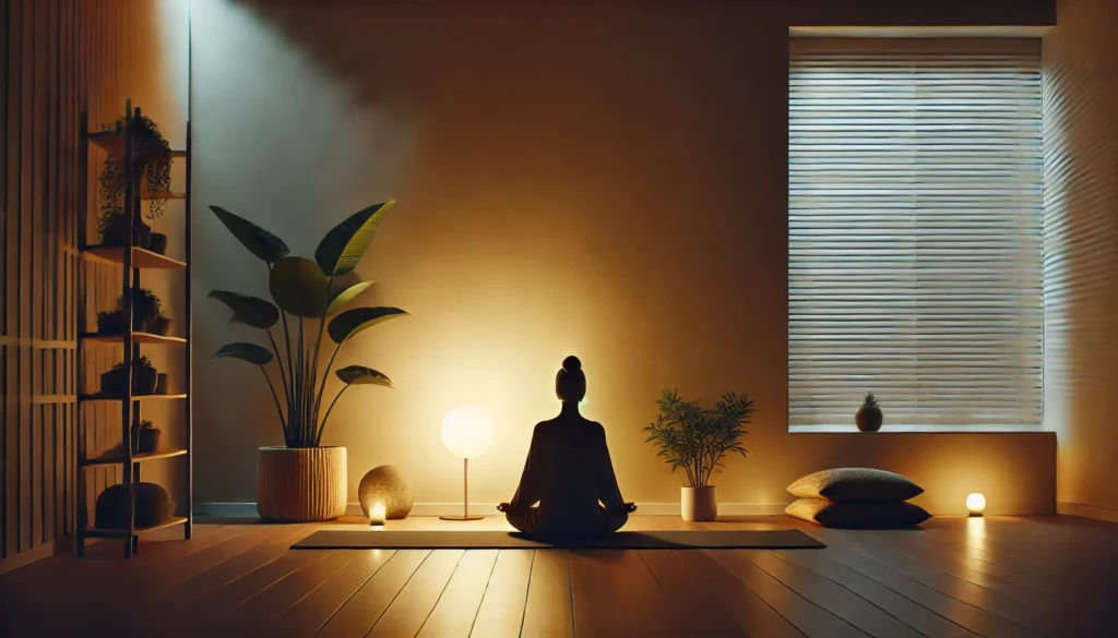 A serene scene of a person meditating on a yoga mat in a dimly lit minimalist room. The space features calming decor, soft ambient lighting, and a small plant in the corner, emphasizing mindfulness and relaxation to quiet the mind and prepare for a peaceful night's sleep.