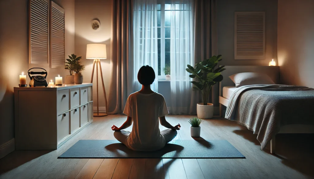 A peaceful scene of a person sitting cross-legged on a yoga mat in a softly lit minimalist room, meditating before bed. The room features a small plant, ambient lighting, and a serene atmosphere, emphasizing mindfulness and relaxation to alleviate nighttime anxiety.