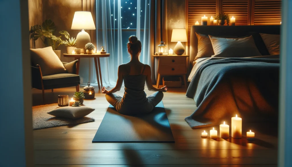 A serene bedroom scene with an individual practicing relaxation techniques on a yoga mat, surrounded by dim lighting, soft furnishings, and lit candles, creating a peaceful ambiance conducive to stress relief and better sleep.