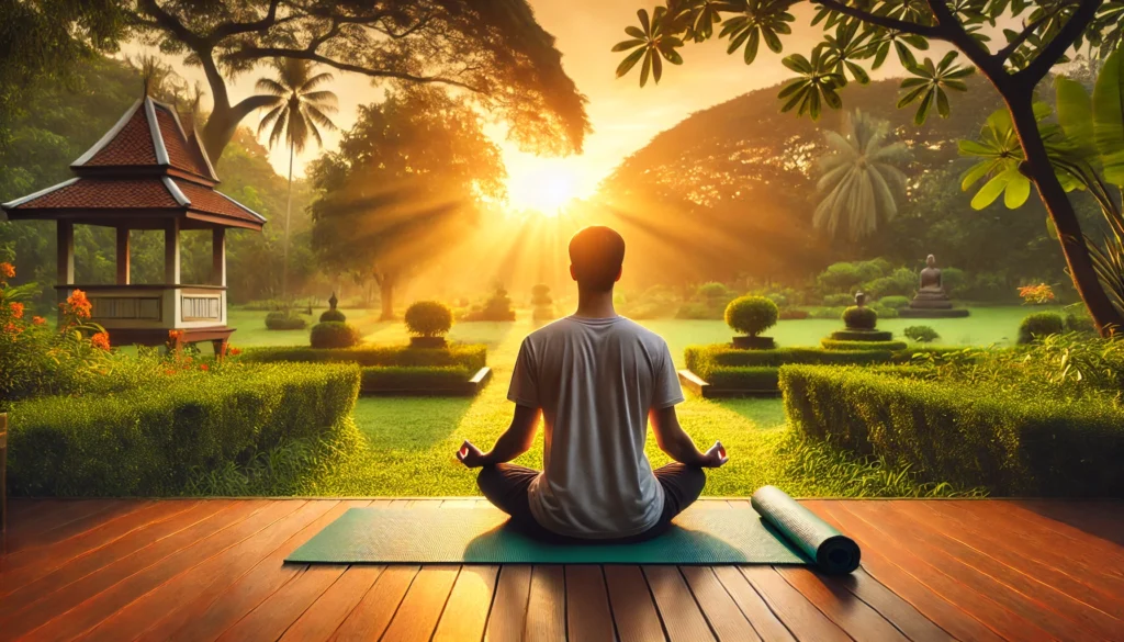 A peaceful outdoor scene at sunrise with a person meditating cross-legged on a yoga mat in a park, surrounded by greenery and soft golden light. The setting emphasizes mindfulness and balance in understanding sleep needs.