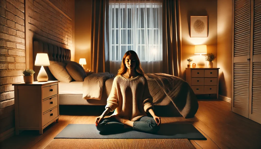 A cozy bedroom scene featuring a person seated cross-legged on a yoga mat, practicing mindfulness in a dimly lit space. The room includes a soft-glowing bedside lamp, fostering a tranquil atmosphere for relaxation and preparation for restful sleep.