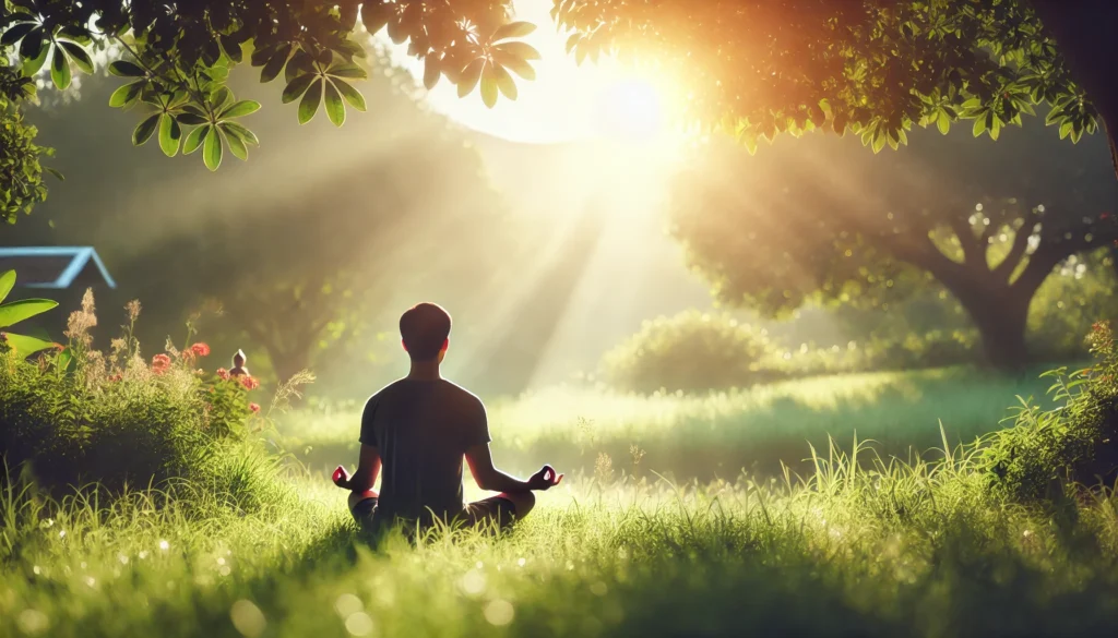 A tranquil image of a person practicing mindfulness meditation outdoors, sitting cross-legged on a grassy field surrounded by soft sunlight and nature, highlighting mental clarity and relaxation.