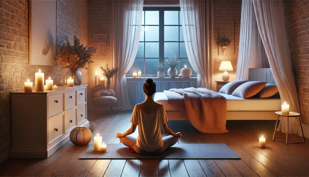 A calming scene of a person sitting cross-legged on a yoga mat, practicing mindfulness in a softly lit room with candles and serene decor, promoting relaxation and stress reduction before bedtime.