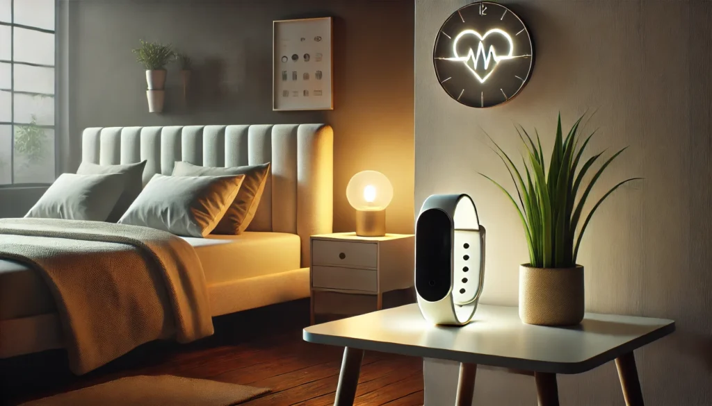 A tranquil minimalist bedroom featuring a glowing wearable smart sleep tracker on a bedside table. The decor includes a neatly arranged bed, a small plant, ambient lighting, and a wall clock with a heart symbol prominently positioned at its center, free from numbers, logos, or textual elements.