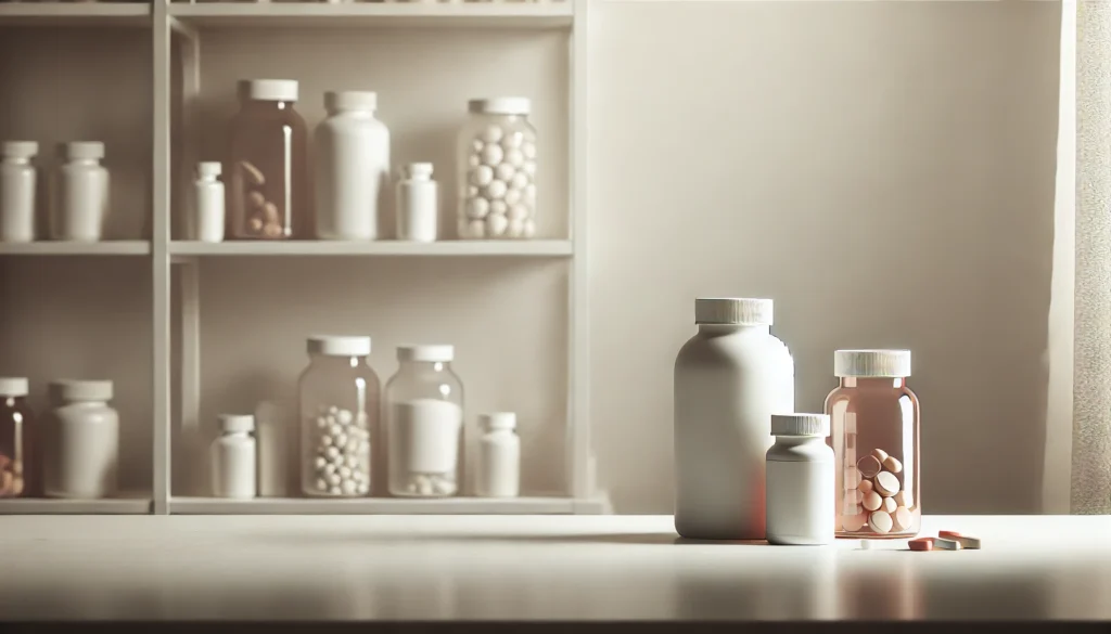 A soft-focus view of a minimalist medicine cabinet displaying pill bottles and small containers, creating a serene and neutral representation of over-the-counter medications and sedatives.