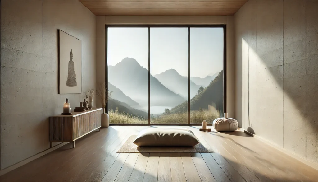 A minimalist meditation room featuring a simple cushion on a wooden floor, large windows with a serene mountain landscape view, and soft natural lighting, fostering peace and mental relaxation.