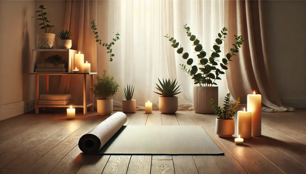 A serene yoga and meditation area featuring a rolled-out yoga mat on a wooden floor, surrounded by candles and potted plants. Natural light filters through sheer curtains, creating a peaceful and calming atmosphere ideal for relaxation and mindfulness.