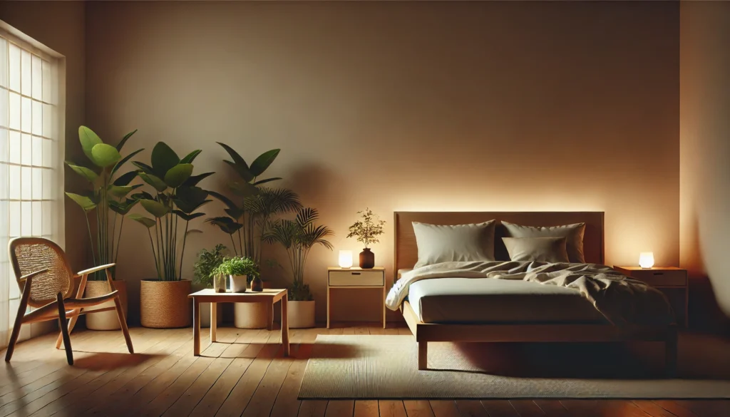 A tranquil, minimalistic bedroom illuminated by soft ambient lighting. The room features wooden furniture and indoor plants, creating a harmonious blend of nature and restful design, free from visible technology or devices.