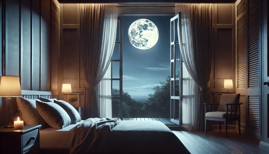 A tranquil bedroom with moonlight streaming through an open window, softly illuminating the interior. Curtains gently sway in the breeze, highlighting the neatly made bed and the serene nighttime atmosphere, creating an ambiance perfect for restful sleep.