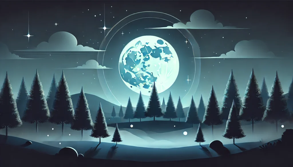 A serene nighttime forest with a glowing moon and scattered stars, tall tree shadows, and a soft mist near the ground, evoking peaceful sleep and natural harmony.