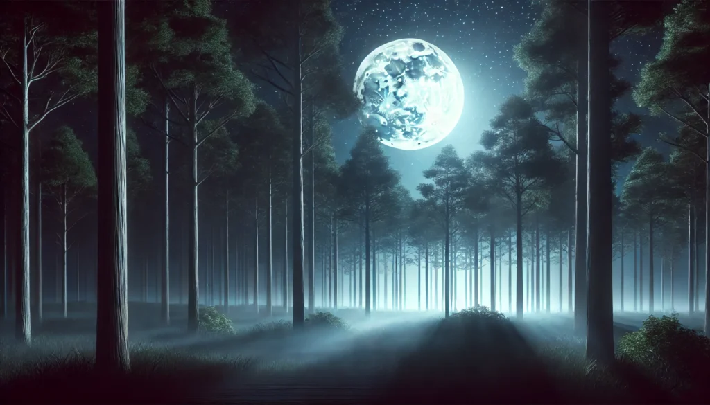 A serene moonlit forest with tall trees, soft mist rolling over the ground, and moonlight filtering through branches, creating a tranquil glow that inspires calmness and restful sleep.