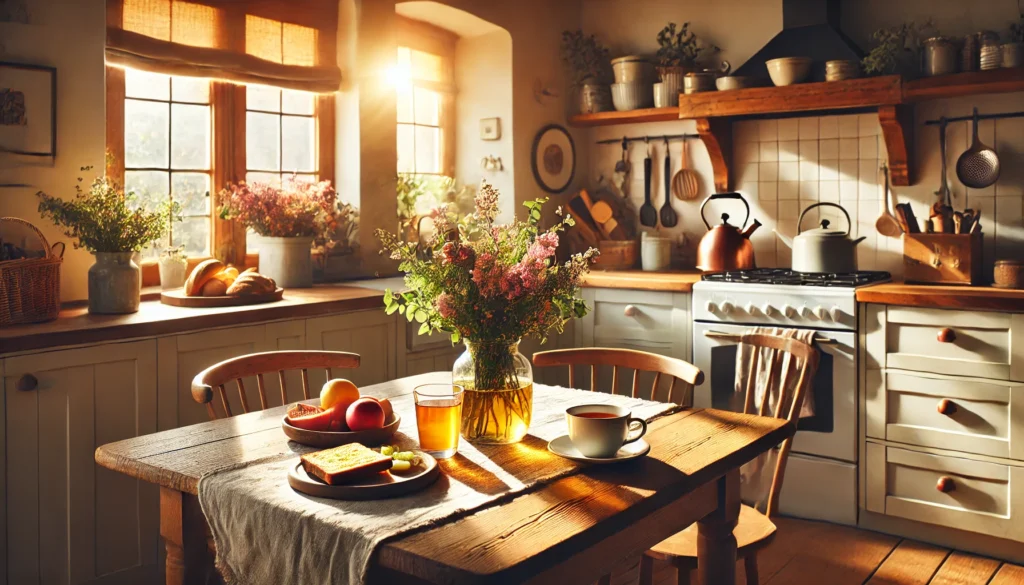 A cozy kitchen bathed in morning sunlight, featuring a wooden table set with toast, fruit, and a cup of tea. A vase with fresh flowers adds vibrancy to the warm and inviting atmosphere.