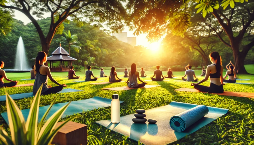 A serene outdoor scene of a group practicing yoga on mats in a park at sunrise, surrounded by lush greenery, showcasing the focus-enhancing and stress-reducing benefits of exercise.