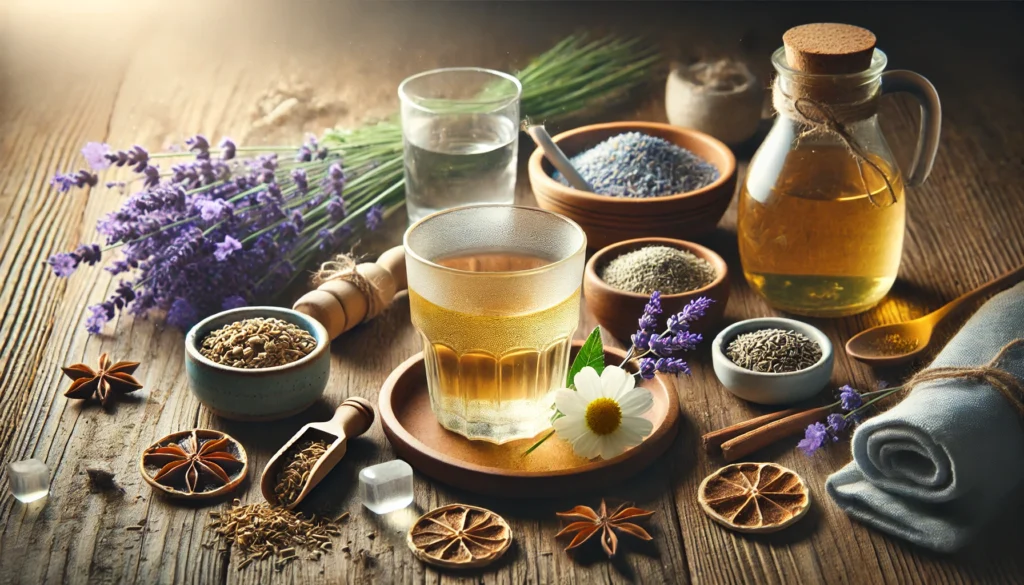 A beautiful display of natural sleep aids, including chamomile tea, valerian root, lavender flowers, and a glass of water, set on a wooden surface with warm ambient lighting.