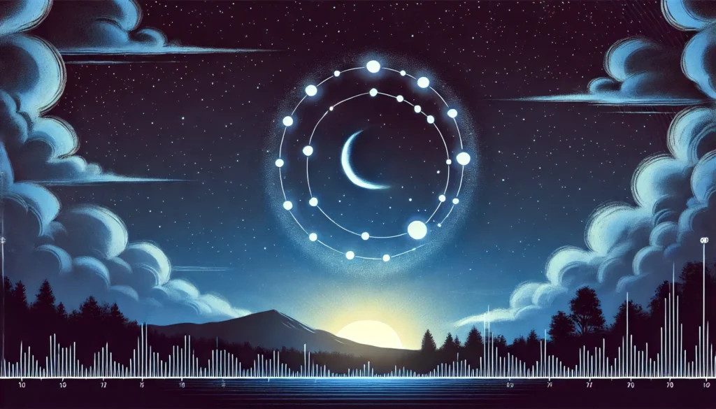 A tranquil night sky filled with faint glowing stars, accompanied by a silhouetted landscape. The scene symbolizes the natural rhythm of sleep and its intrinsic connection to the body's internal chemistry, evoking peace and balance.