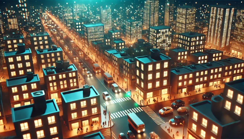 An aerial view of a vibrant city at night, illuminated by glowing windows, streetlights, and vehicles on the roads. People are walking amidst the bustling urban scene under a clear night sky with a few visible stars.