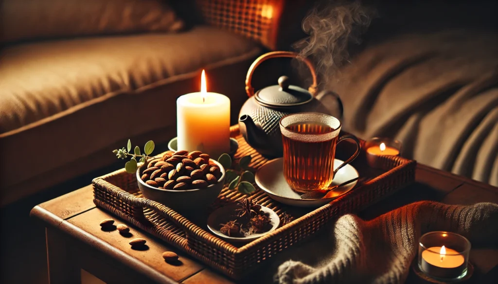 A cozy coffee table setup at night featuring a tray with roasted almonds, a steaming cup of herbal tea, and a lit candle, creating a warm and relaxing ambiance for unwinding before bed.