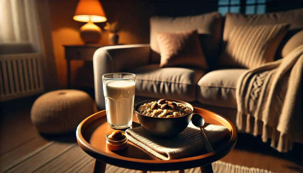 A cozy nighttime living room featuring a small table with a bowl of oatmeal topped with peanut butter and a glass of almond milk, warmly lit to create a relaxing atmosphere before bedtime.