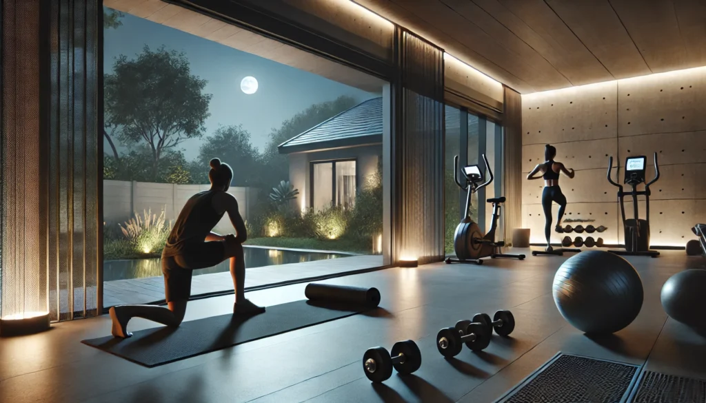 A softly lit modern home gym at night, featuring a person performing light stretching exercises on a yoga mat. The room includes neatly arranged equipment like dumbbells and an exercise bike, with large windows overlooking a serene, moonlit garden. This scene emphasizes the calm and functionality of a nighttime workout space.