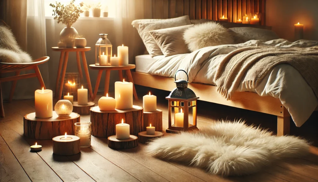 A cozy indoor setting reflecting Nordic sleep culture, featuring a wooden bed with a fluffy duvet, soft candlelight, and a sheepskin rug on the floor. The ambiance exudes warmth and hygge, showcasing the importance of comfort and coziness in sleep traditions, with no text or overlays.