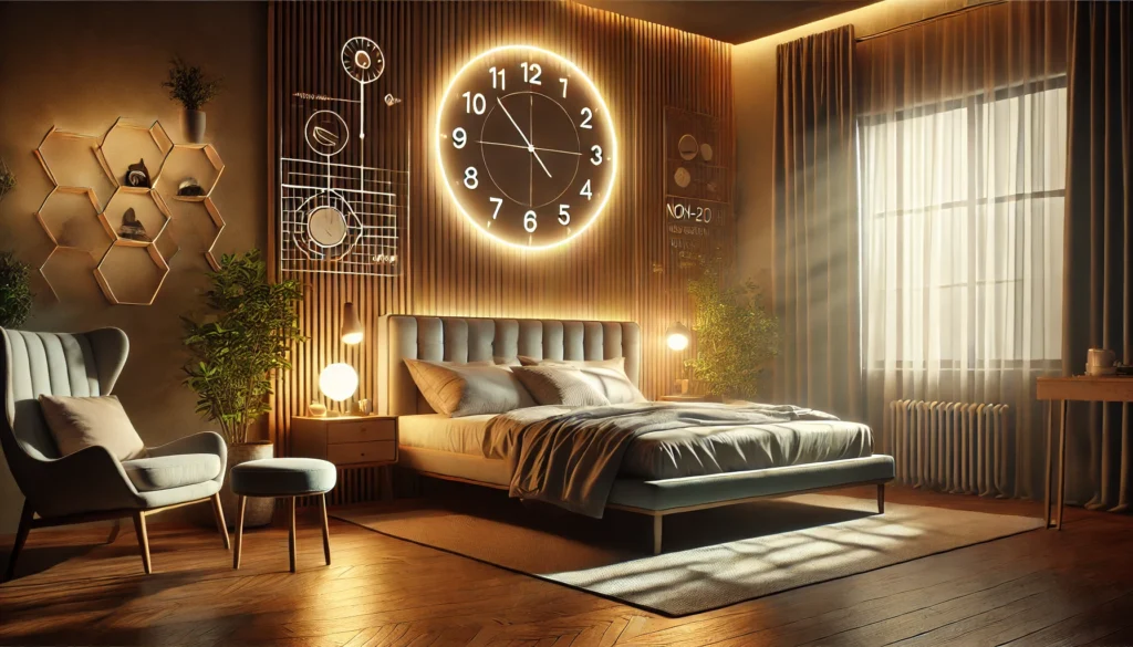 A peaceful nighttime bedroom scene designed for optimal sleep, featuring soft lighting, a cozy bed, and a relaxing atmosphere, symbolizing an ideal setting for managing Non-24 Hour Sleep-Wake Disorder.