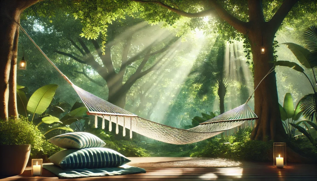 A peaceful outdoor setting with a hammock under the shade of lush green trees, designed for short daytime naps. The scene includes dappled sunlight filtering through the leaves, creating a tranquil atmosphere ideal for practicing polyphasic sleep outdoors.