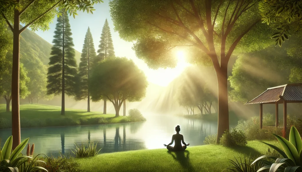 A peaceful outdoor scene featuring a person practicing relaxation techniques near a calm lake, surrounded by lush green trees with soft sunlight filtering through. The setting highlights the serene connection between nature and mindfulness.