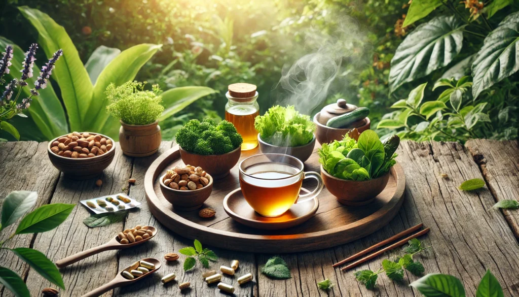 A wooden tray holding small bowls of leafy greens, nuts, vitamin capsules, and a steaming cup of herbal tea, set on a rustic table amidst lush greenery. The gentle natural light highlights the fresh and health-focused ambiance.